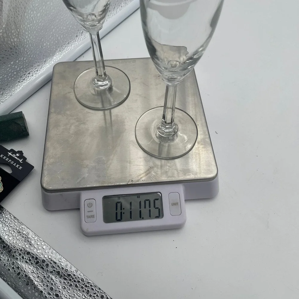 Pair of Etched Clear Glass Champagne Flutes w Faceted Hexagonal Stems Set of 2